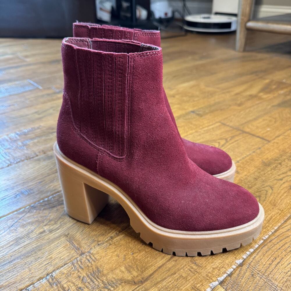 Dolce Vita Waterproof Leather Boots Caster H20 Maroon Chunky Heel Womens 7